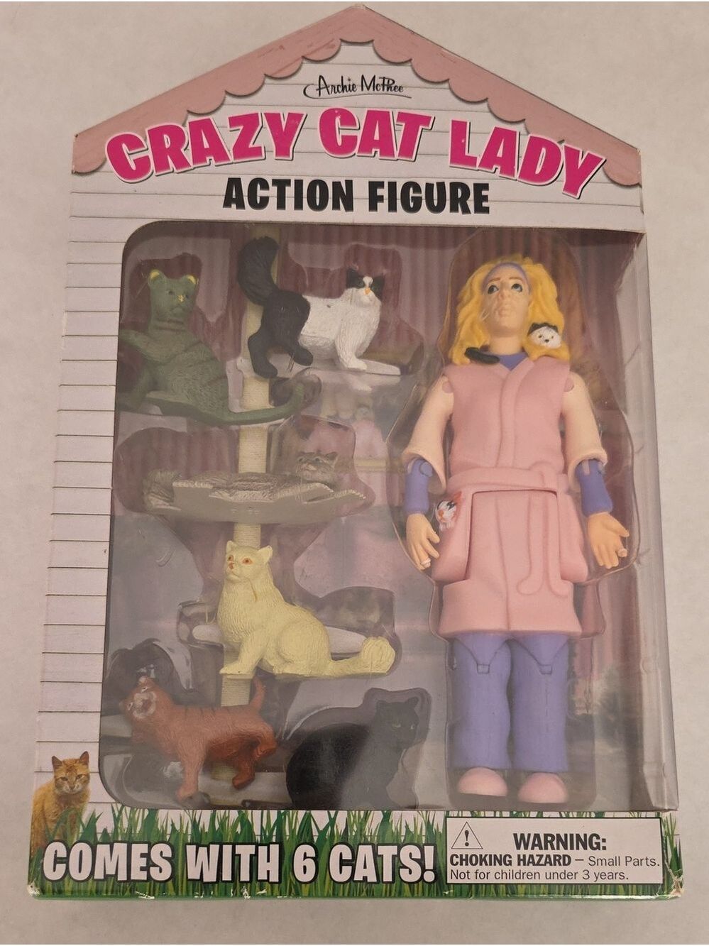 NIB Archie McPhee Crazy Cat Lady Action Figure Set with 6 Cats Novelty - Sealed